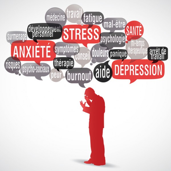 nuage de mots bulles silhouette : Stress burnout comment rebondir anxiété manque de sommeil